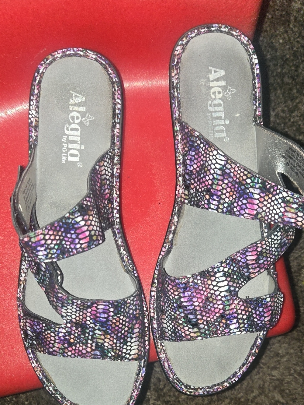 Alegria Purple Multi-Print Adjustable Slide Sandals